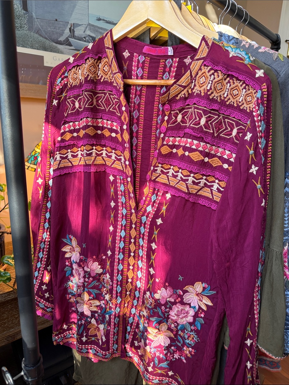 Johnny Was Plum Embroidered Boho Blouse with Multicolor Floral Detail